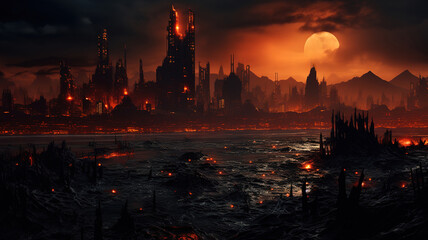 Glowing city skyline reflects in fiery water. Generative Ai