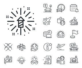 Pyrotechnic salute sign. Plane jet, travel map and baggage claim outline icons. Fireworks explosion line icon. Carnival celebration lights symbol. Fireworks explosion line sign. Vector