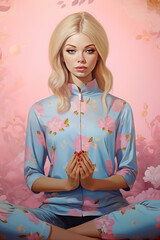 Obraz na płótnie Canvas young happy peaceful female meditating and practice yoga in lotus pose, in style of pastel pink, generative AI