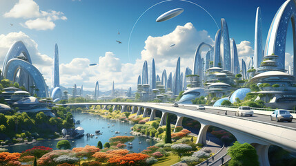 Obraz premium Raster illustration of metropolis of the future skyscrapers neon blue glow turquoise. Generative Ai