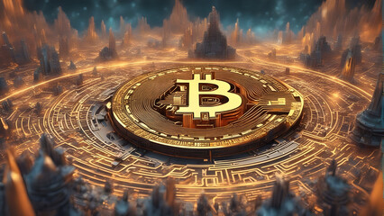 Bitcoin symbol emerging from a futuristic digital landscape, symbolizing the rise and impact of the leading cryptocurrency. Generative AI
