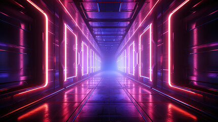 Hallway with glowing purple lamps in futuristic spacecraft. Generative Ai