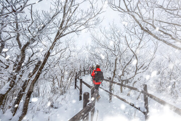 Tourists atop Deogyusan Mountain at Deogyusan National Park on a snowy day near Muju, South Korea
