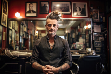Portrait of handsome guy hairstylist. Proud owner standing in front of his modern hairdressing salon, confident entrepreneur, small business owner