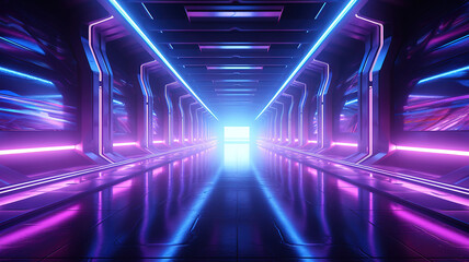 Smoke Fog Futuristic Hall Corridor with Neon Laser Led Blue Purple Glowing Tunnel Metal. Generative Ai