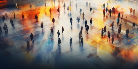 Above view of people walking in motion blur