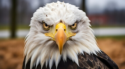 Fototapeta premium Front view of closeup of bald eagle bird in the jungle