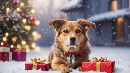 dog with christmas gift