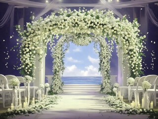 Fototapeta premium A majestic wedding arch adorned with a lush, cascading garland of white roses.