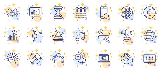 Outline set of Environment day, Cable section and Evaporation line icons for web app. Include Recovery phone, Consulting business, Euro money pictogram icons. Musical note, Report timer. Vector