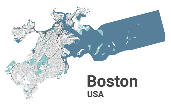 Boston map, American city. Municipal administrative area map with rivers and roads, parks and railways.