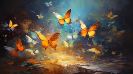 A vibrant painting capturing the graceful flight of butterflies in a colorful display of nature's beauty