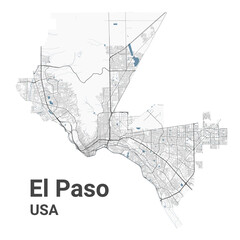 El Paso map, American city. Municipal administrative area map with rivers and roads, parks and railways.