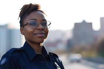 Confident young African American woman police officer on the street in the city.