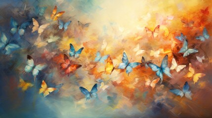 A vibrant painting featuring a mesmerizing swarm of blue and yellow butterflies