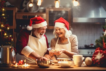 Happy elderly couple preparing Christmas dinner in the kitchen, enjoying the holiday.