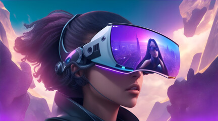 Woman wearing virtual reality headset, interacting seamlessly with digital elements in a futuristic metaverse. Generative AI