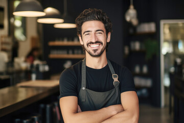 Obraz premium Proud coffee shop owner standing in front of his cozy café, confident entrepreneur, small business owner 