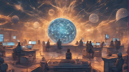 A team of professionals navigating advanced technology in the office of the future. Generative AI