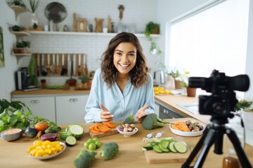  A young woman food blogger cooking salad in front of smartphone camera while recording vlog video...