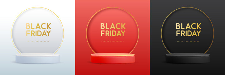 Set of black friday showcase backgrounds with 3d podium and golden arch. Vector illustration