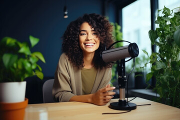 Young woman host in headphones enjoying podcasting in his home studio. Handsome podcaster laughing while streaming live audio podcast