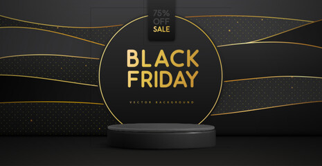 Black friday big sale showcase background with 3d podium and golden wave texture. Vector illustration