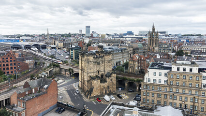 Newcastle upon Tyne, United Kingdom - August 30th, 2023: The tower of the Newcastle Castle seen...