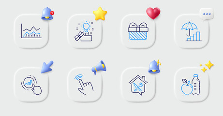 Healthy food, Inflation and Gift line icons. Buttons with 3d bell, chat speech, cursor. Pack of Food delivery, Trade infochart, Graph chart icon. Creative idea, Cursor pictogram. Vector