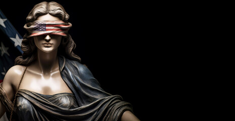 Fototapeta na wymiar Themis Lady of Justice with USA Flag Blindfold, Justice, Democracy, and Patriotism. Black Background. 