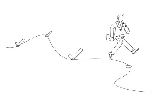 Continuous one line drawing of businessman running to next checkpoint to put check mark, journey of success, work progress concept, single line art.