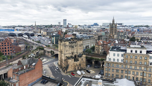 Newcastle upon Tyne, United Kingdom - August 30th, 2023: The tower of the Newcastle Castle seen from the air.