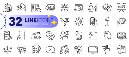 Outline set of Reject, Presentation and Send mail line icons for web with Touchscreen gesture, Survey checklist, Graph chart thin icon. Lock, Metro, Analysis app pictogram icon. Vector