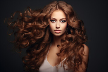Fototapeta premium Beautiful young woman with perfect and shining curly long hair. Beauty and hair care