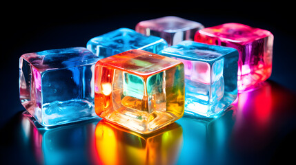 Pile of colored different wet ice cubes on black background with illuminated light