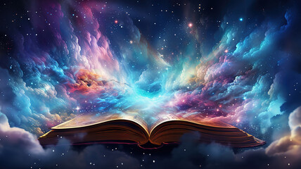 Open book with galaxy milky way stars other dimension cloud space. Generative Ai