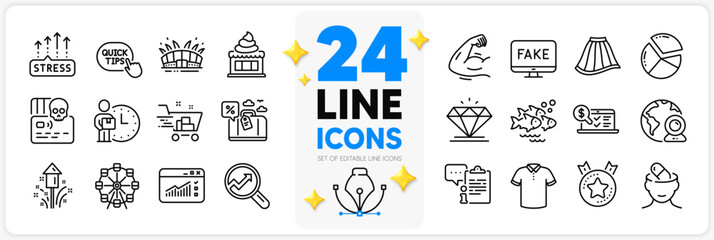 Icons set of Quick tips, Ranking star and Diamond line icons pack for app with Depression treatment, Pie chart, Ice cream thin outline icon. Fish school, Arena stadium. Design with 3d stars. Vector