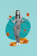 Vertical collage image of black white effect positive girl arms hold catch flying fallen maple...