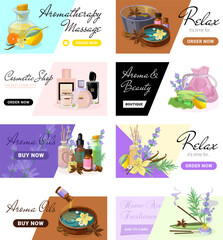 Fototapeta na wymiar Collection of Landing pages for Aromatherapy and Productions of Aroma Candles, Oils and Cosmetics