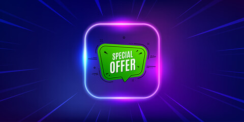 Special offer banner. Neon light frame offer banner. Discount sticker shape. Sale coupon bubble icon. Special offer promo event flyer, poster. Sunburst neon coupon. Flash special deal. Vector