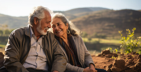 elderly Hispanic couple enjoying the outdoors - obrazy, fototapety, plakaty