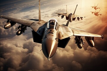 Fighter jets soaring through the clouds in formation. Aviation, flight, army concept.