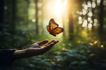 a hand releasing a butterfly into the wild - obrazy, fototapety, plakaty