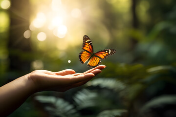 a hand releasing a butterfly into the wild