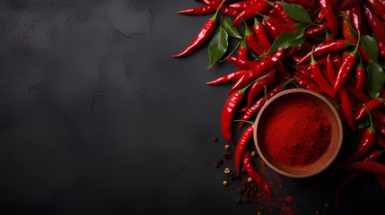Fotobehang bowl of fresh chili powder and chili pepper on grey table © EvhKorn
