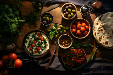 Fototapeta na wymiar a Mediterranean inspired flat lay table setting with vegetarian meal