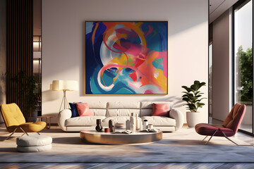 a modern living room with bold oversized art pieces