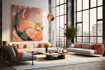 a modern living room with bold oversized art pieces