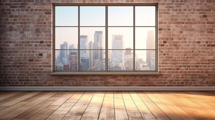 This 3D render showcases an empty loft-style room, adorned with a sizable window, modern wooden flooring, and a stylish brick wall.