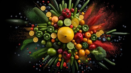 Healthy green vegetables mix food explosion isolated on black background